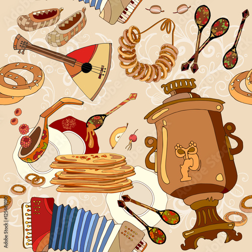 Russian cuisine seamless pattern, pancakes, samovar, balalaika