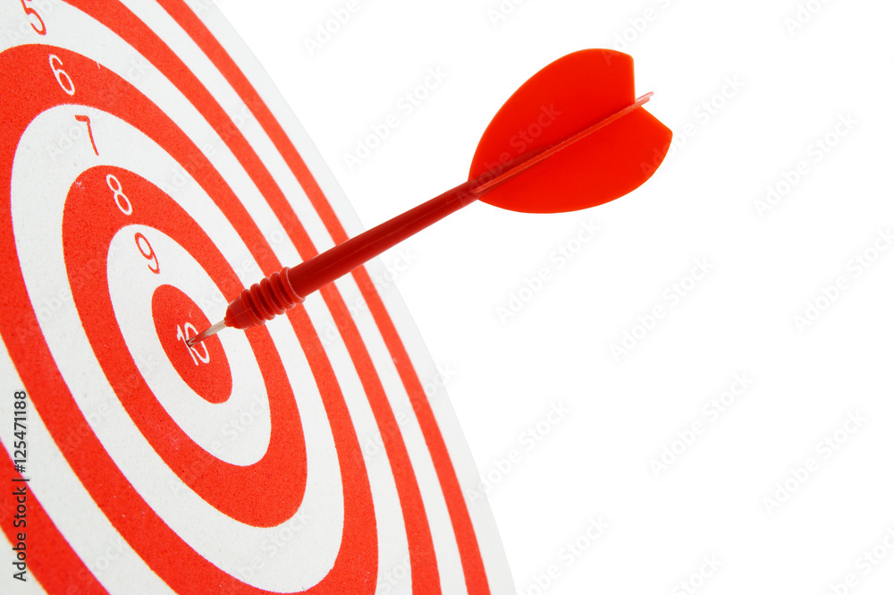 Red and white shooting target and arrow isolated on white
