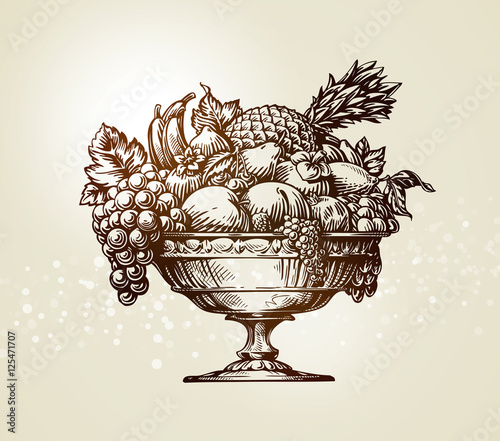 Vintage fruit bowl. Sketch vector illustration