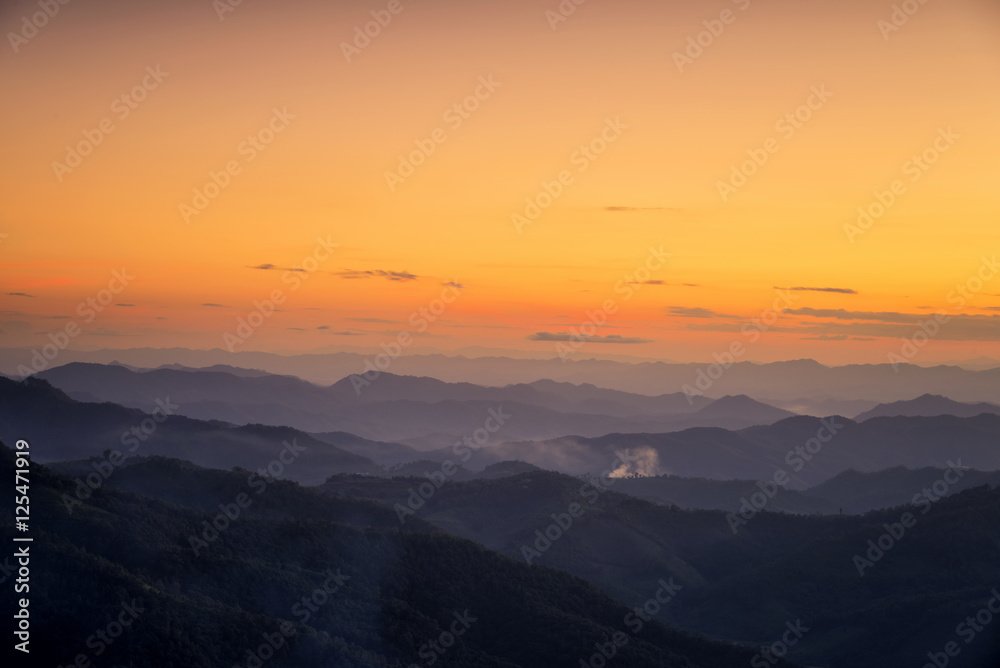 Foggy landscape, View on top mountains and winter morning fog.