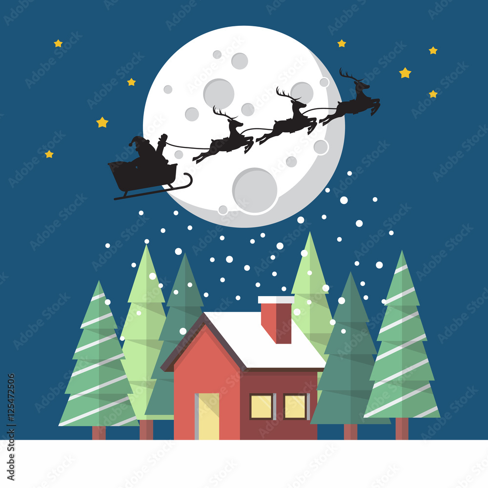 Naklejka premium Santa Claus and his reindeer sleigh in silhouette against moon w