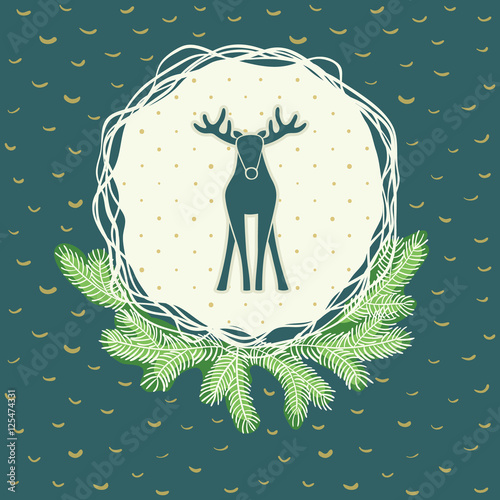Christmas and New Year round frame with deer symbol. Greeting card.