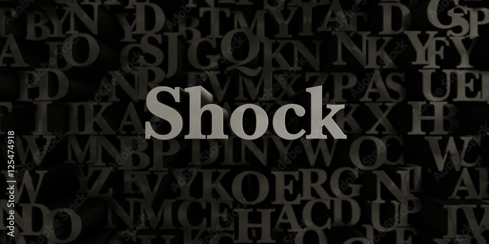 Shock - Stock image of 3D rendered metallic typeset headline illustration.  Can be used for an online banner ad or a print postcard.