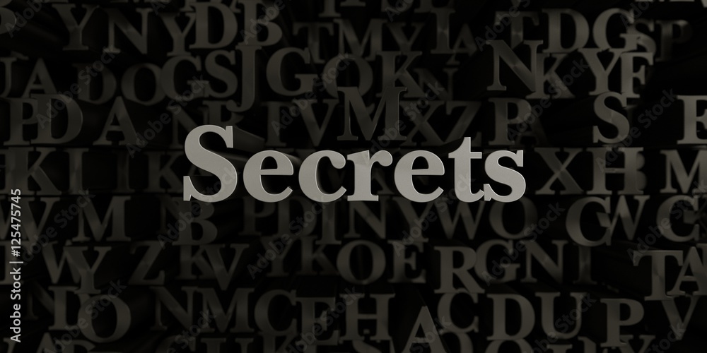 Secrets - Stock image of 3D rendered metallic typeset headline illustration.  Can be used for an online banner ad or a print postcard.