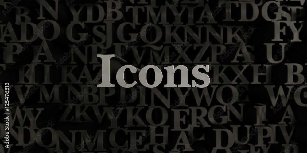Icons - Stock image of 3D rendered metallic typeset headline illustration.  Can be used for an online banner ad or a print postcard.