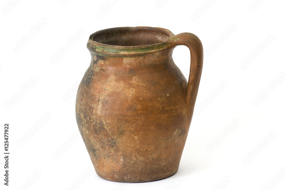 Clay jug, old ceramic vase isolated on white background