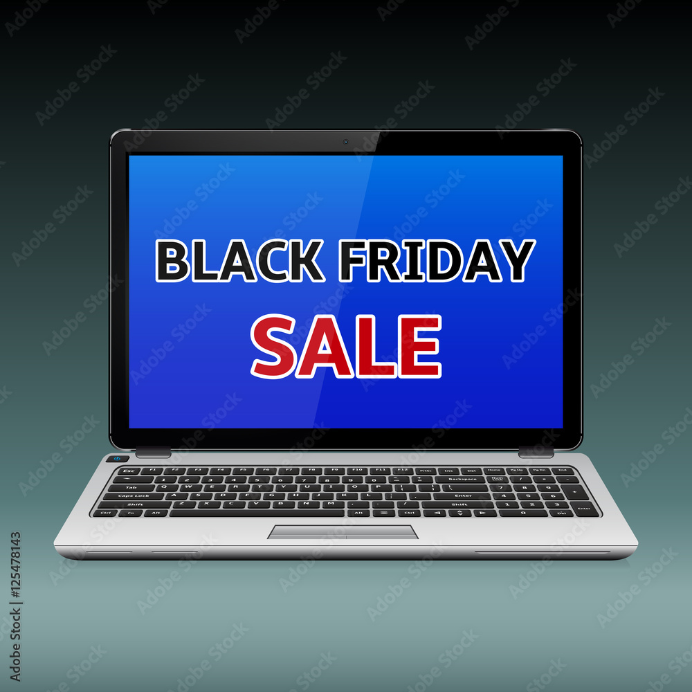 Black Friday Sale message on laptop blue screen Black Friday Sale message on laptop blue screen