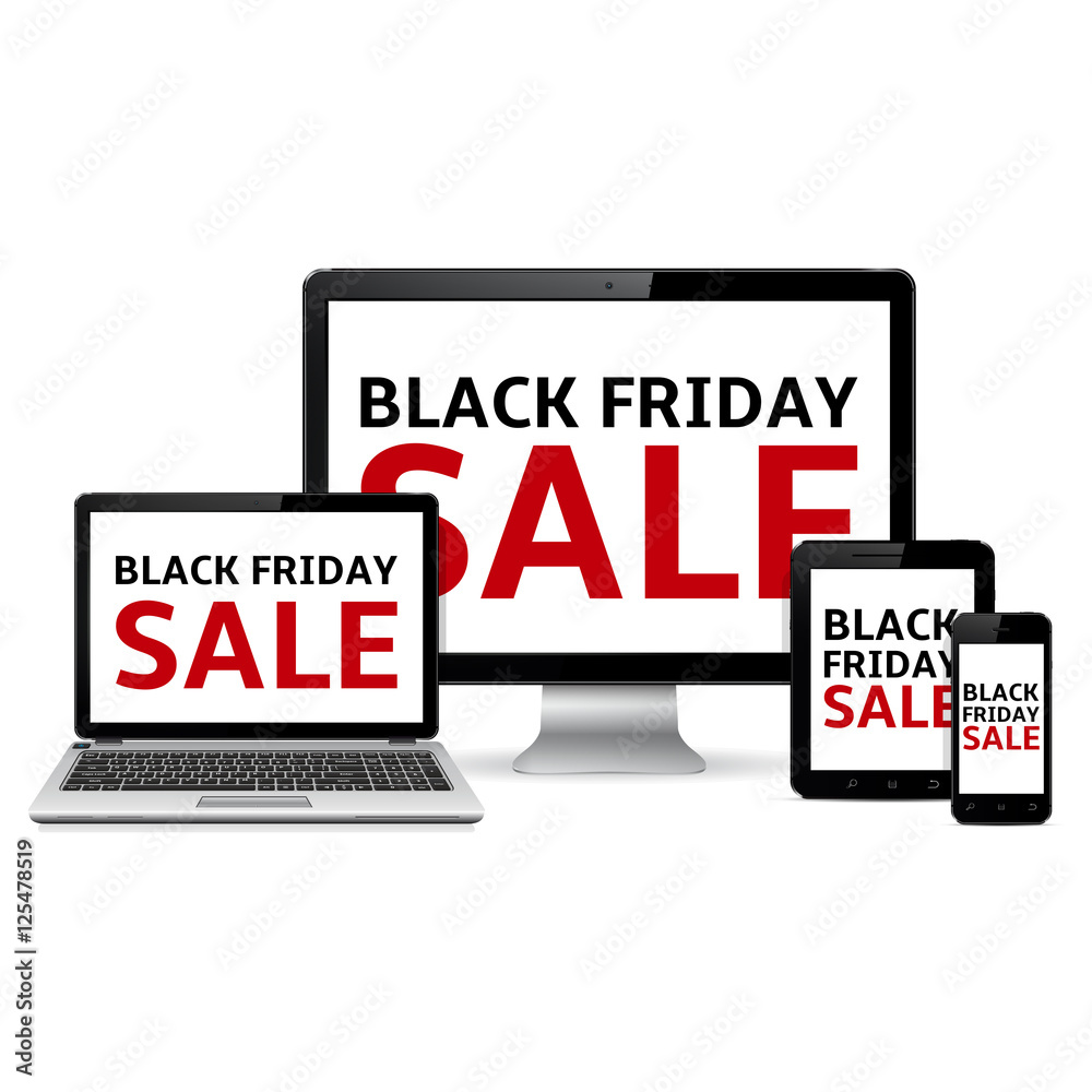 Computer monitor, laptop, tablet pc and mobile phone with black friday sale text on screen. Isolated on white background. Vector illustration. Computer monitor, laptop, tablet pc and mobile phone with black friday sale text on screen. Isolated on white background. Vector illustration.