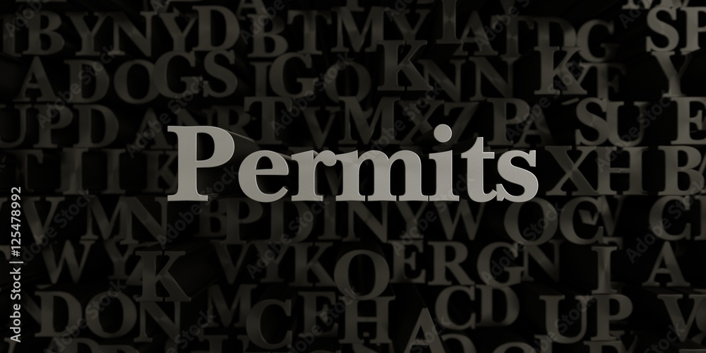 Permits - Stock image of 3D rendered metallic typeset headline illustration.  Can be used for an online banner ad or a print postcard.