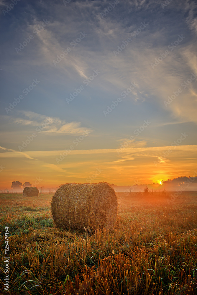 Sunset over field with hay bales