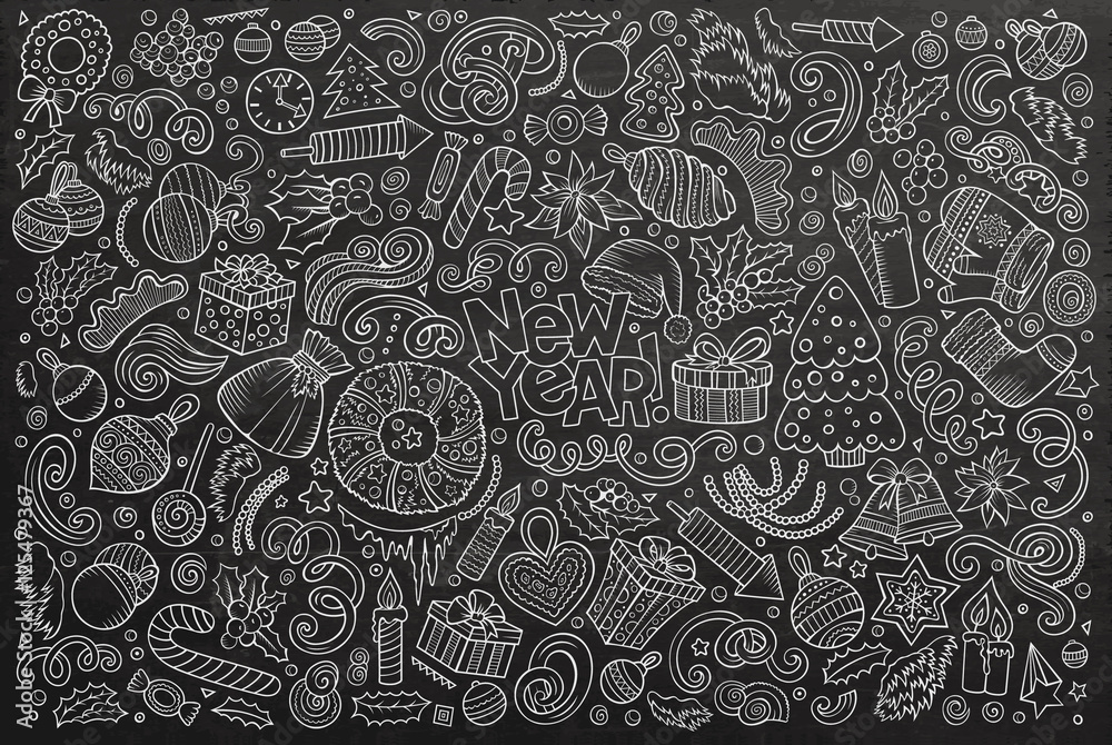 Doodle cartoon set of New Year and Christmas objects