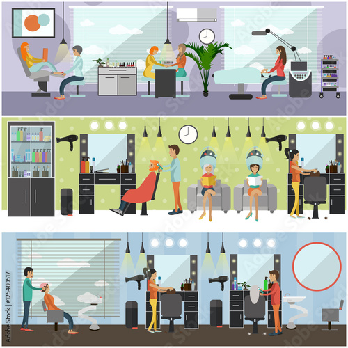 Beauty salon interior vector concept banners. Haircut, manicure and make up atelier. Women in spa studio illustration flat cartoon style
