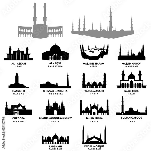 Famous Mosque in the World - Islamic place of worship Silhouette Set