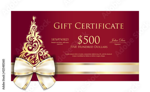 Luxury red Christmas gift certificate with cream ribbon and gold ornmament Christmas tree