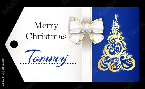 Luxury blue Christmas name tag with golden ornament Christmas tree and white ribbon