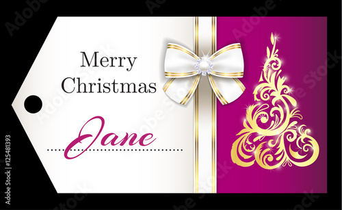 Luxury purple Christmas name tag with golden ornament Christmas tree and white ribbon