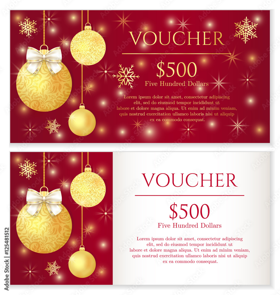 Luxury red Christmas voucher with golden Christmas balls - obrazy, fototapety, plakaty 