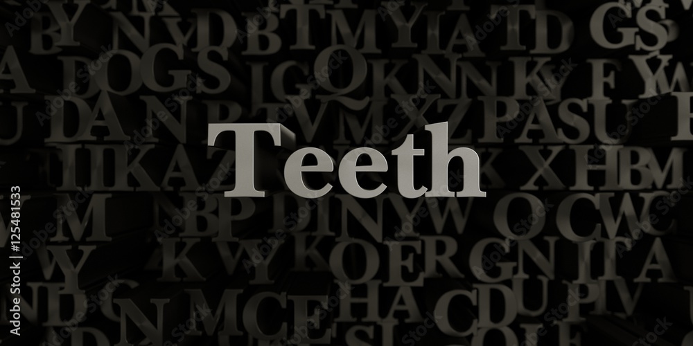 Teeth - Stock image of 3D rendered metallic typeset headline illustration.  Can be used for an online banner ad or a print postcard.