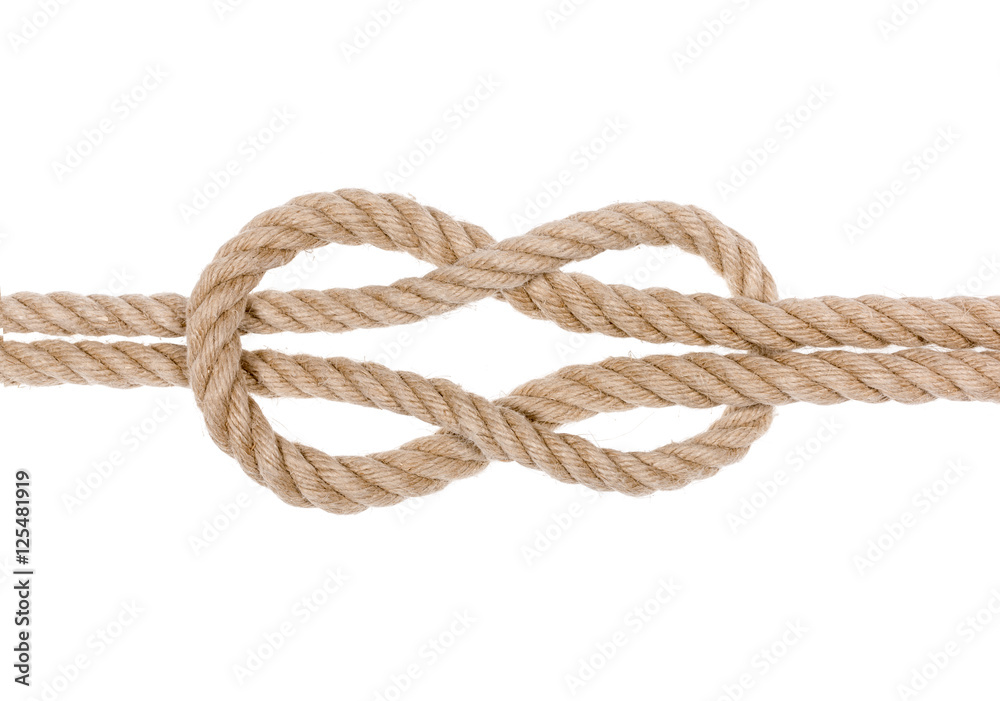 Nautical rope knot. Square knot isolated on white background