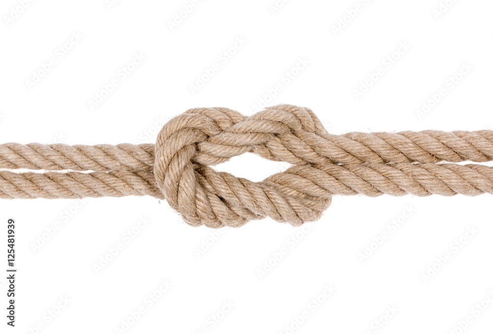 Nautical rope knot. Square knot isolated on white background. Stock Photo