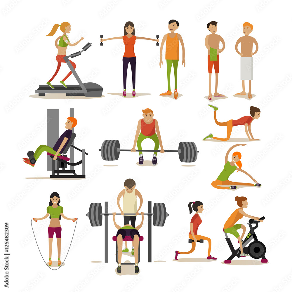 Vector set of people in gym characters isolated on white background ...