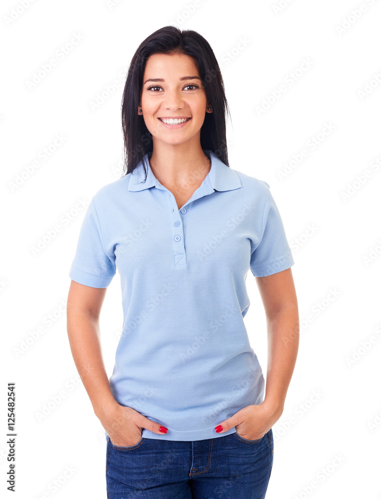 Woman in blue polo shirt Woman in blue polo shirt