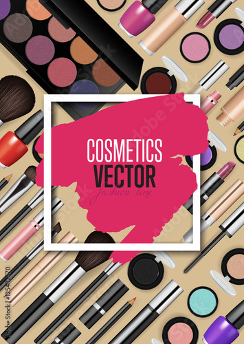 Modern cosmetics accessories concept. Different instruments for professional makeup vector illustrations set on beige background. For beauty salon, shop ad, brochures, flyers, sale promotions design