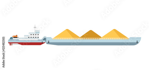 Fotografija Tug boat moves cargo barge isolated on white background vector illustration