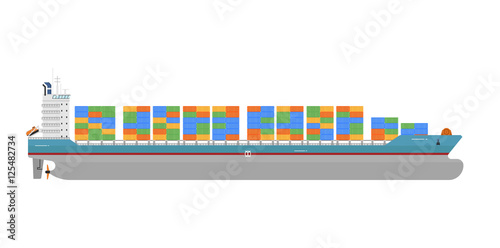 Cargo ship with containers isolated on white background vector illustration. Freight tanker side view. Commercial container vessel in flat design. Logistics and transportation design element