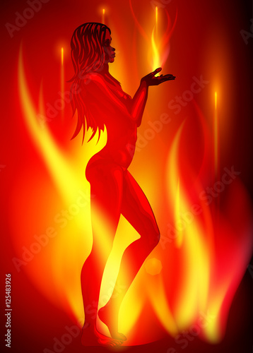 Woman with fire, hot lady dance. Vector image