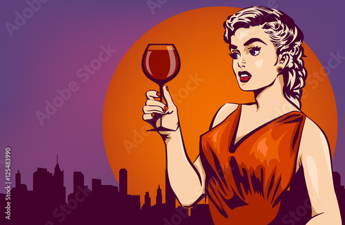 Woman with wine. Cityscape on the background. Vector image.