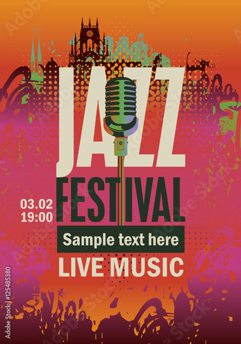 banner music poster with jazz festival an saxophone on grungy background
