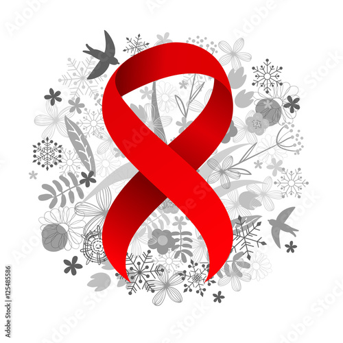 World AIDS Day. Red Awareness Ribbon and floral background with flowers and birds