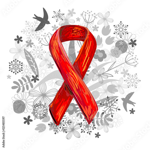 World AIDS Day. Red Awareness Ribbon and floral background with flowers and birds