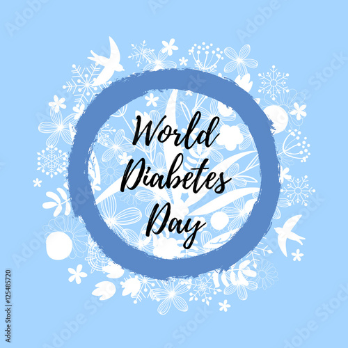 World Diabetes Day. Blue circle and floral background with flowers and birds