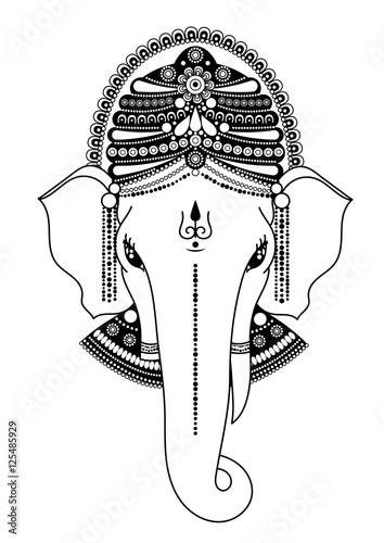 Ganesha, or Ganapati, Indian deity in the Hindu, remover of obstacles, patron of wisdom and astrology. Vector illustration in black and white style for design of coloring book, Chaturthi invitations.
