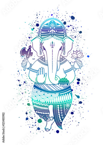 Ganesha, or Ganapati, Indian deity in the Hindu, in blue color isolated on a white background. Paint splash. Vector illustration for design of prints, web, festive, Chaturthi invitations.