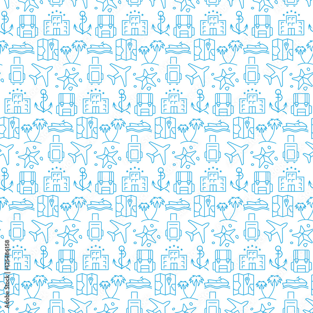 Seamless pattern with icons of travel items. Vector illustration.