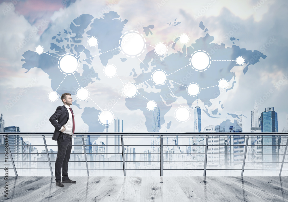 Businessman and network sketch in the sky Businessman and network sketch in the sky
