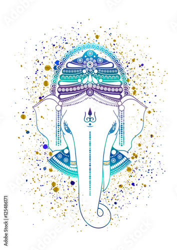 Ganesha, or Ganapati, Indian deity in the Hindu, in blue color isolated on a white background. Paint gold splash. Vector illustration for design of prints, web, festive, Chaturthi invitations.