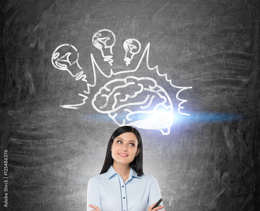 Girl with black hair and brain with light bulbs Girl with black hair and brain with light bulbs