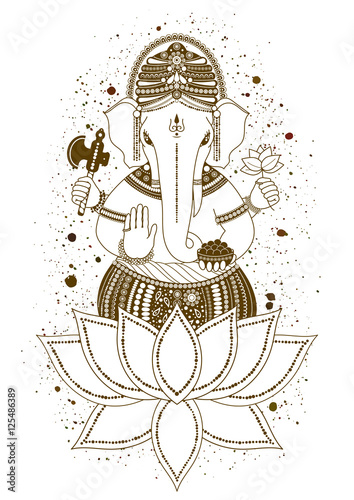 Ganesha, or Ganapati, Indian deity in the Hindu, mehndi in lotus flower. Paint splash. Vector illustration for design of prints, web, Chaturthi invitations.