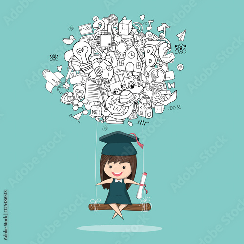 Girl graduated pupils swinging on a back of school, drawing by h