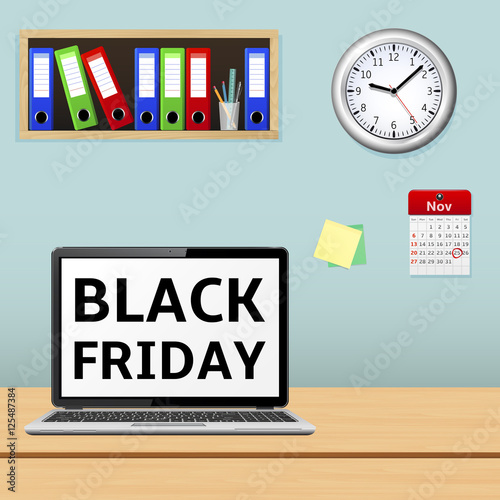 Office workplace with Black Friday message on laptop screen. Vector illustration.