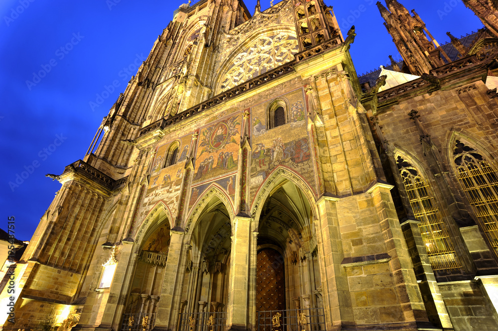 Fototapeta premium Mosaic of Resurrection and Last Judgment of Christ at night, St. Vitus Cathedral, Prague Castle, Czech Republic