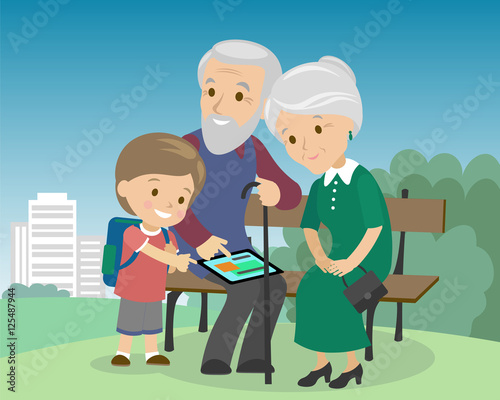 Flat style social media communications. Man woman senior couple grandparents make video call with tablet. Grandson teaching elders to work  gadget