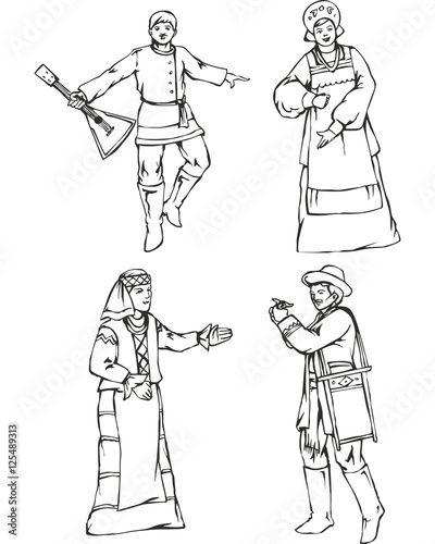 Men and women in Russian national costumes