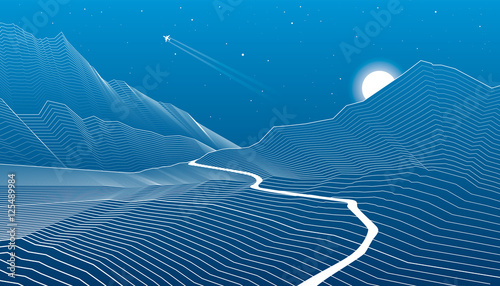 Road into the mountains, winding highway, mountain landscape, white lines on blue background, vector design art © panimoni
