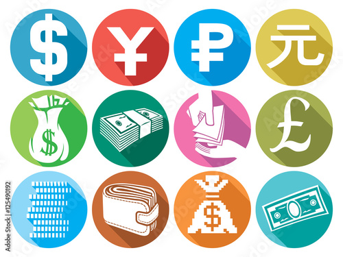money flat icons set (with coins, stack of coins, wallet)