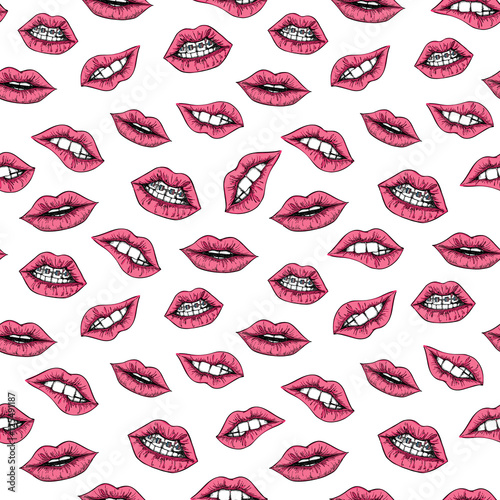 Hand drawn vector seamless pattern - Sweet lips. Female red lips